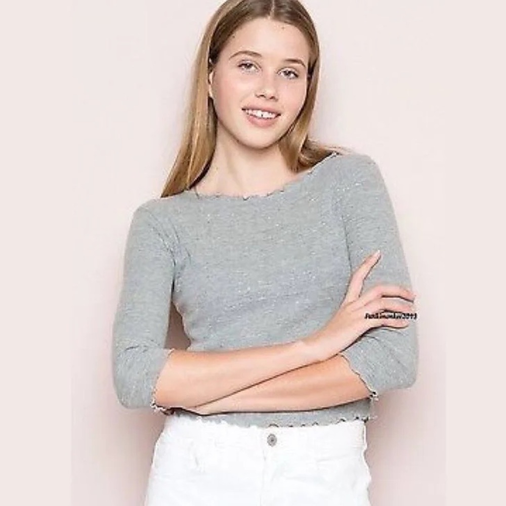 Brandy Melville Gray Soft long sleeve Crop top with ruffle edges